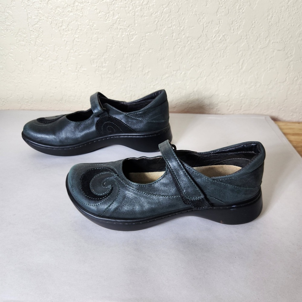 Naot Womens 37 Mary Jane Leather Shoes Teal Blue Swirl Strap Comfort Made Israel